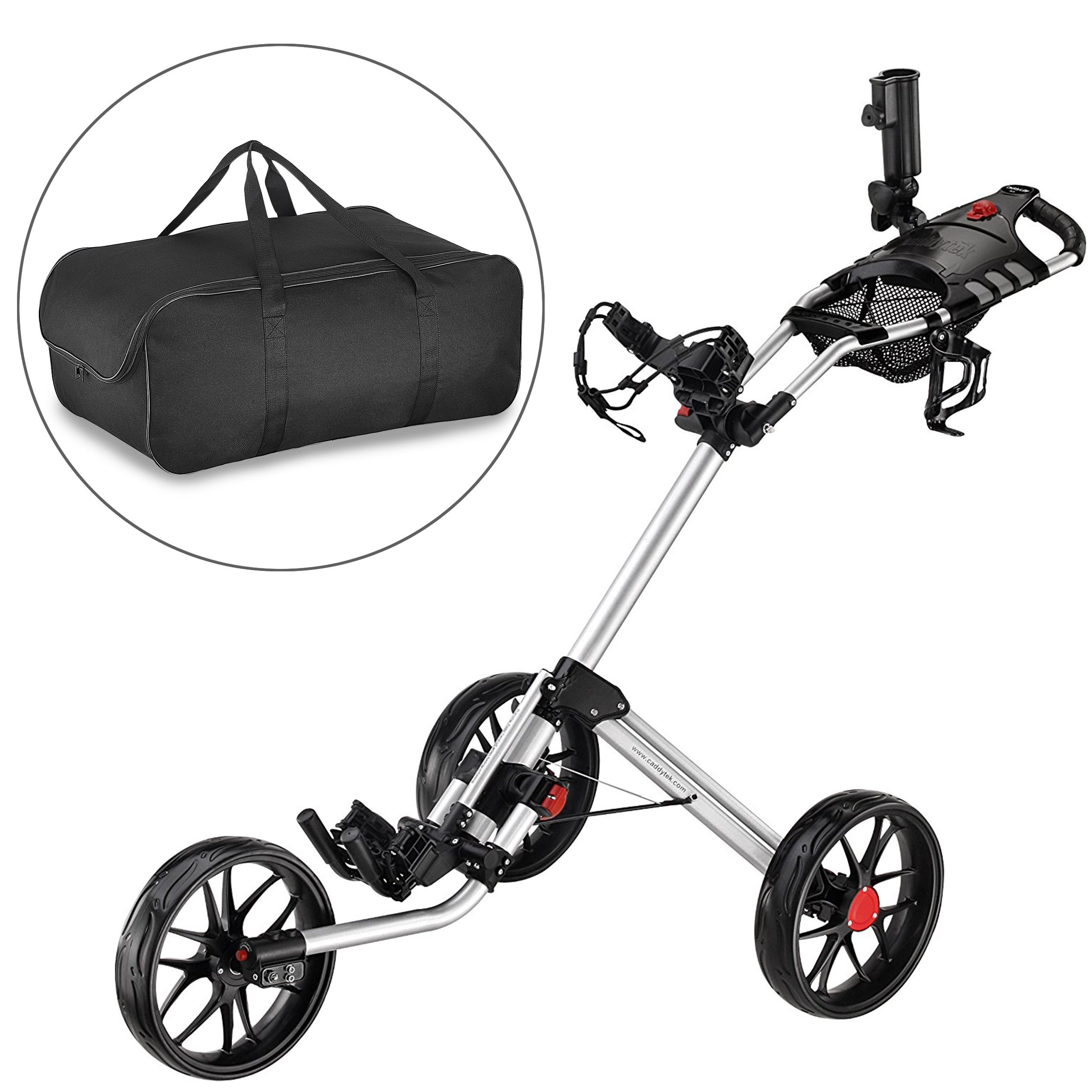 CaddyTek Super Deluxe Quad Fold Golf Cart-black with storage bag